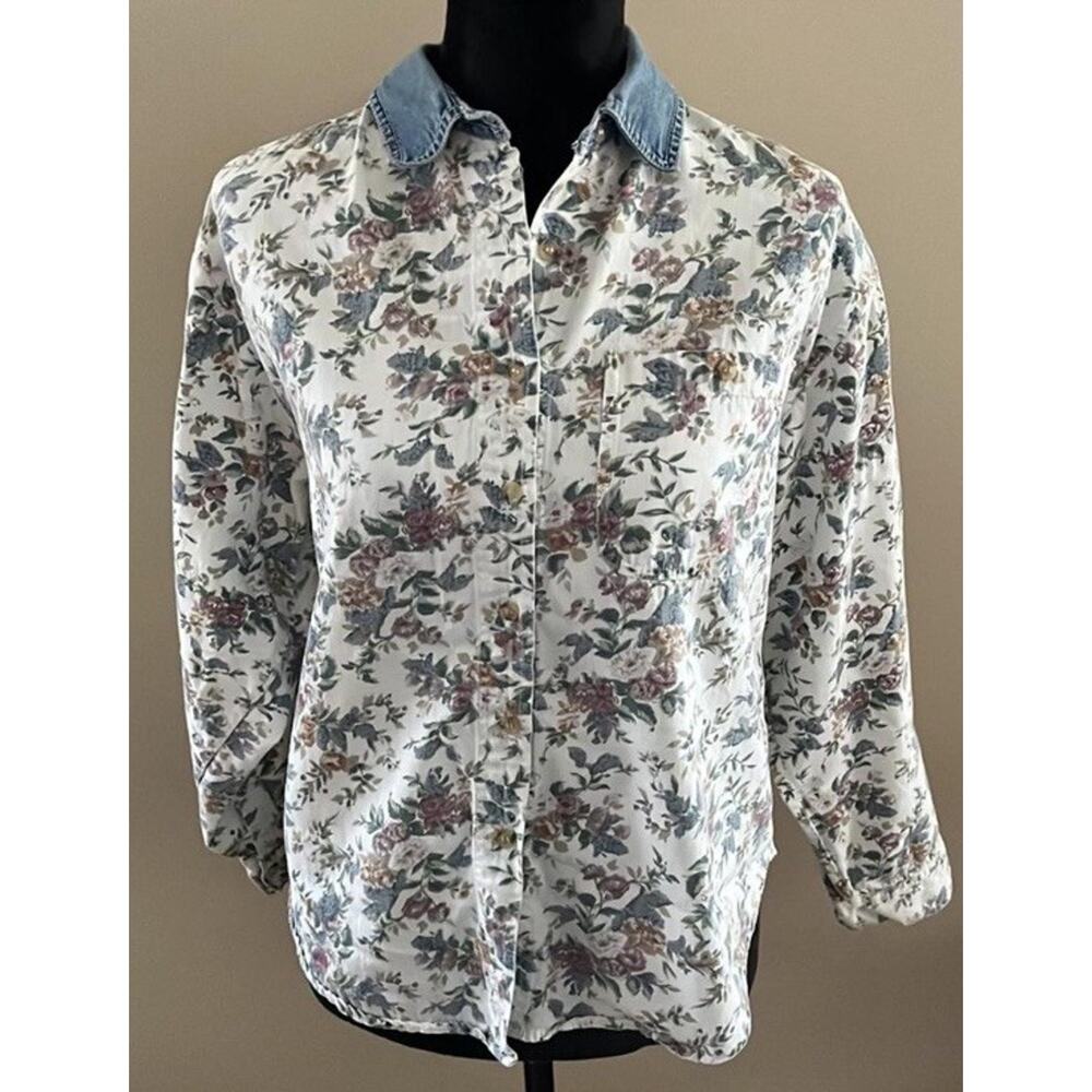 Solutions Women’s Flower Button Down Top Size Large Petite